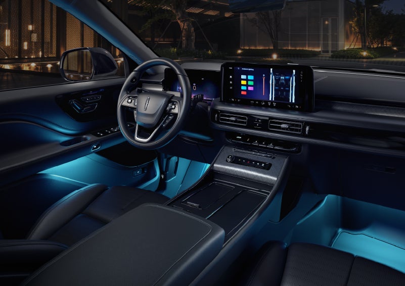 Deep blue ambient lighting glows from various places within a 2026 Lincoln Aviator® SUV. | Stuteville Lincoln of Ponca City in Ponca City OK